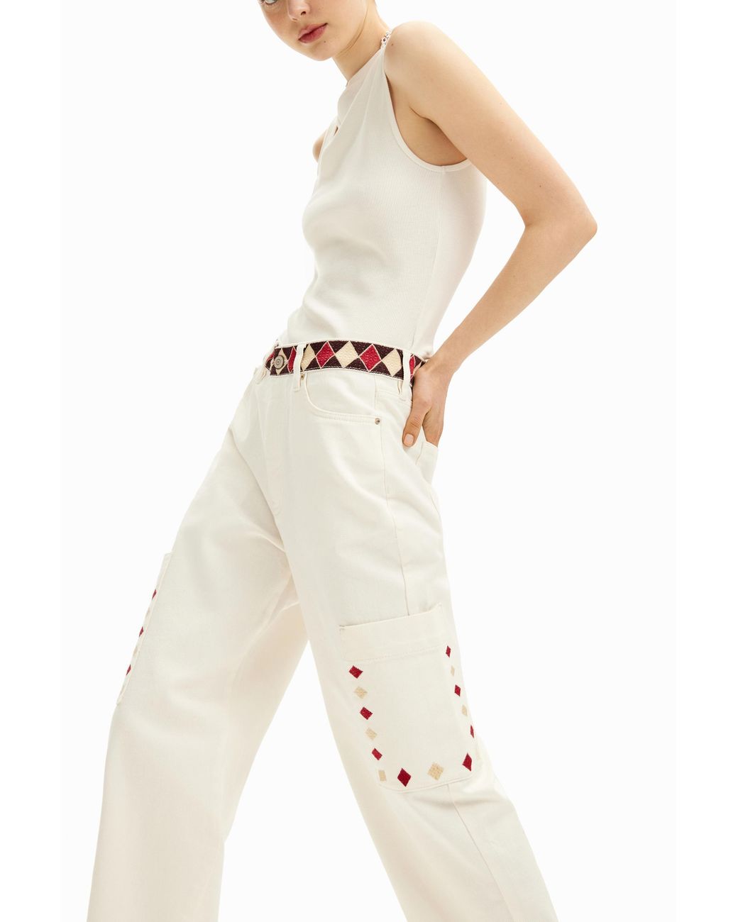 Desigual White Cropped Denim Pants With Diamond-Shaped Edges. Cotton