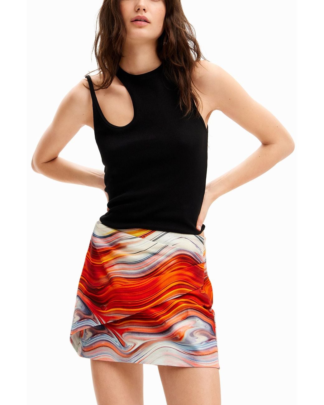 Desigual Red Wave Wrap Mini Skirt, Cotton