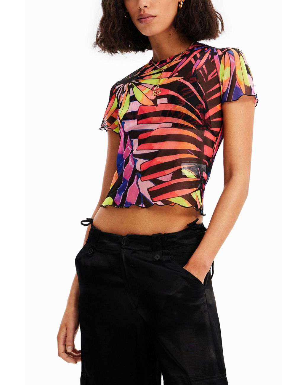 Desigual Red Short Tropical Tulle T-Shirt, Polyester