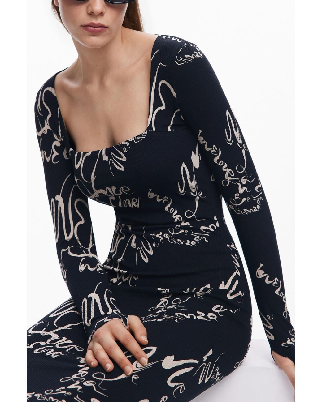 Desigual Black Square Neckline Dress Lettering, Viscose