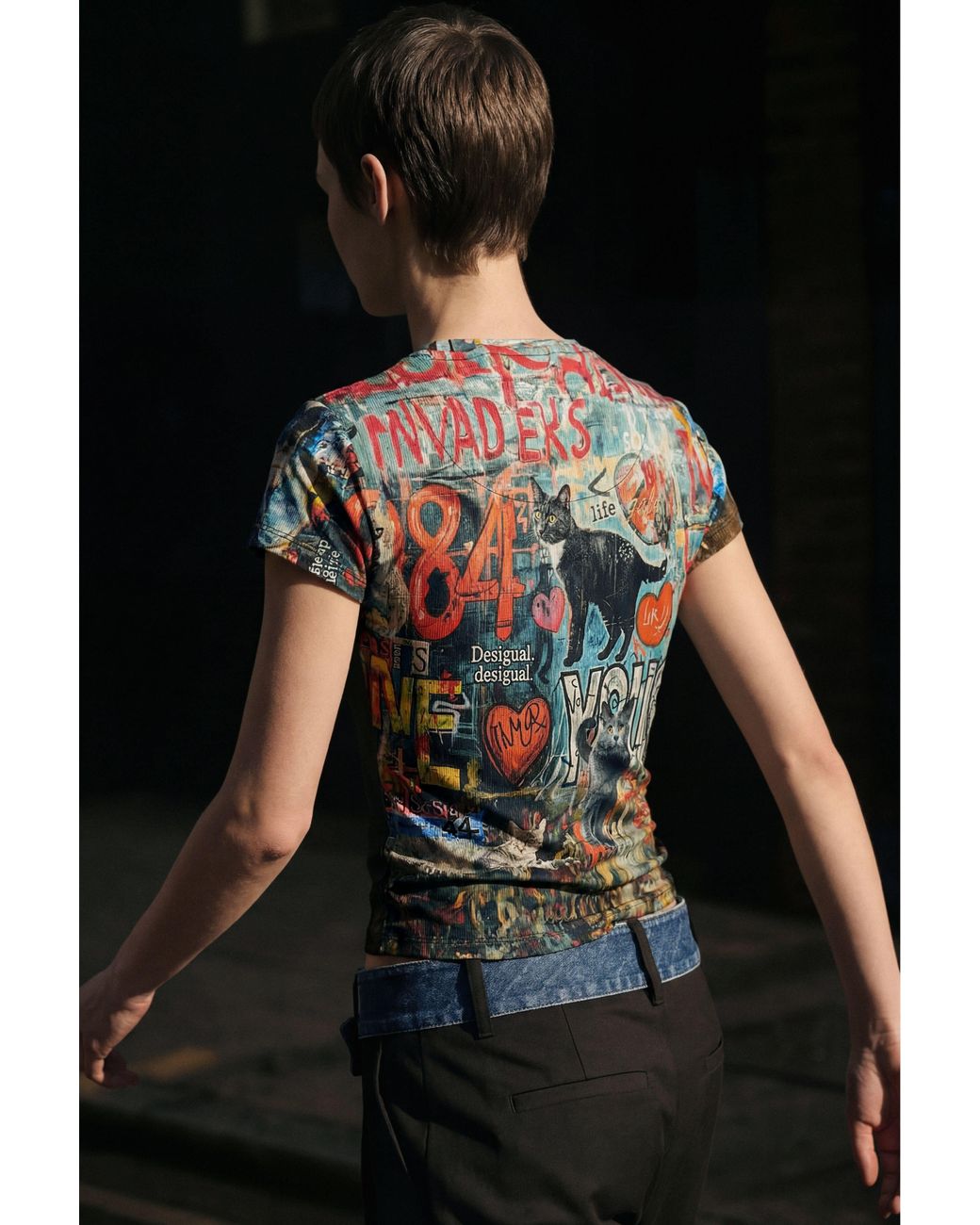 Desigual Blue Printed Cat T-Shirt, Cotton