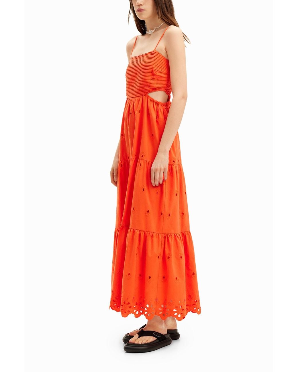 Desigual Orange Long Embroidered Cut-Out Dress, Cotton