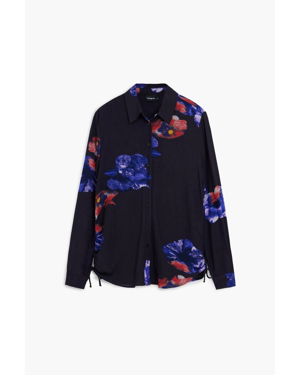 Desigual Blue Gathered Floral Fluid Shirt, Viscose