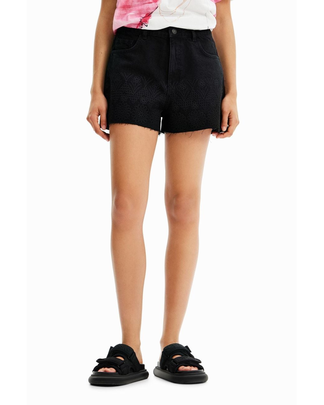 Desigual Black Embroidered Denim Shorts, Cotton