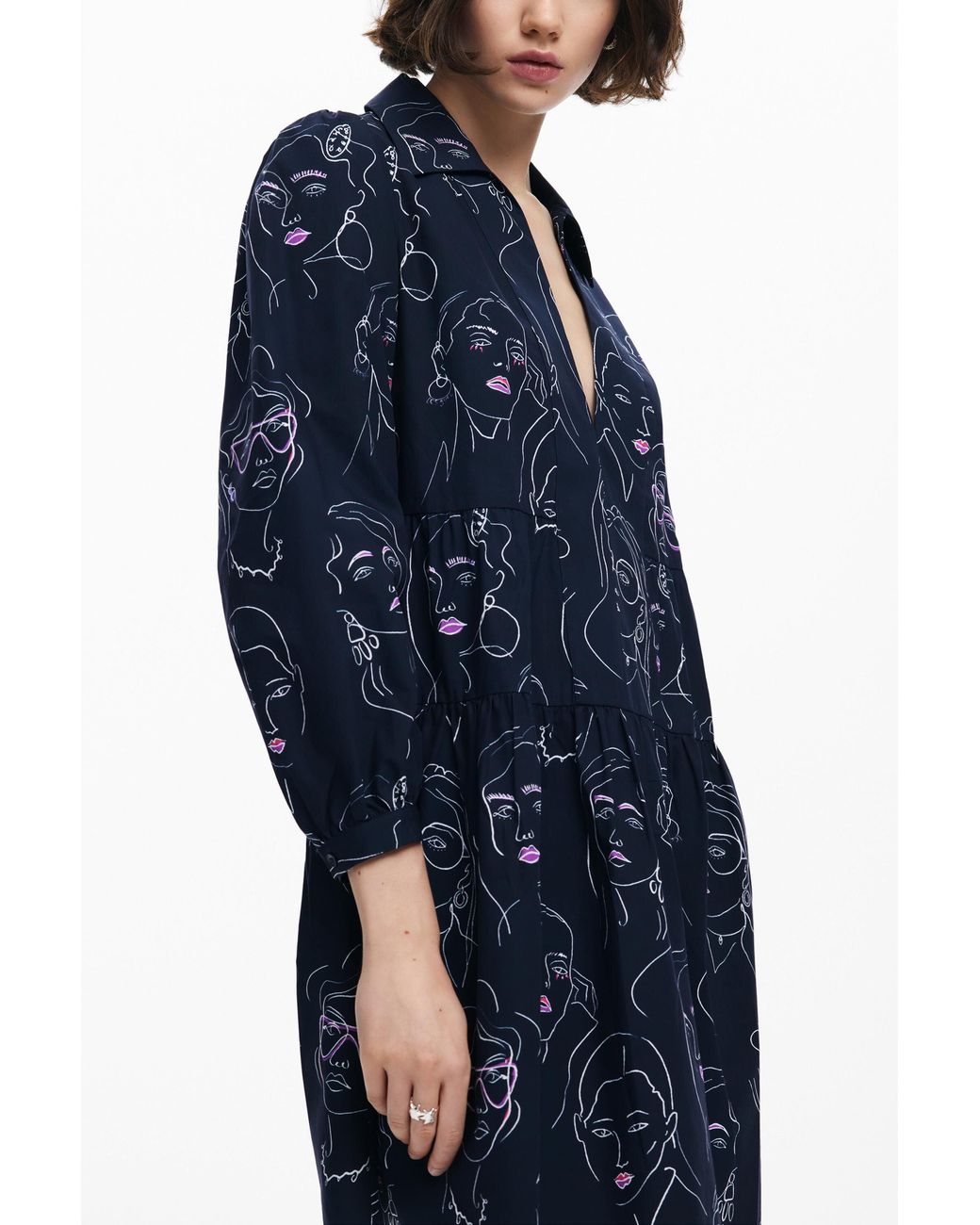 Desigual Blue Mini Dress With Faces, Cotton