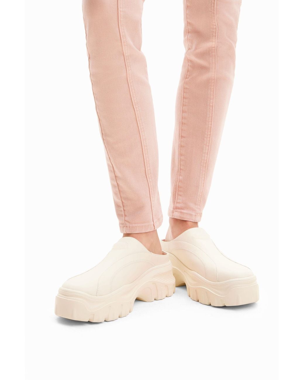 Desigual White Chunky Leather Clogs, Cow Leather
