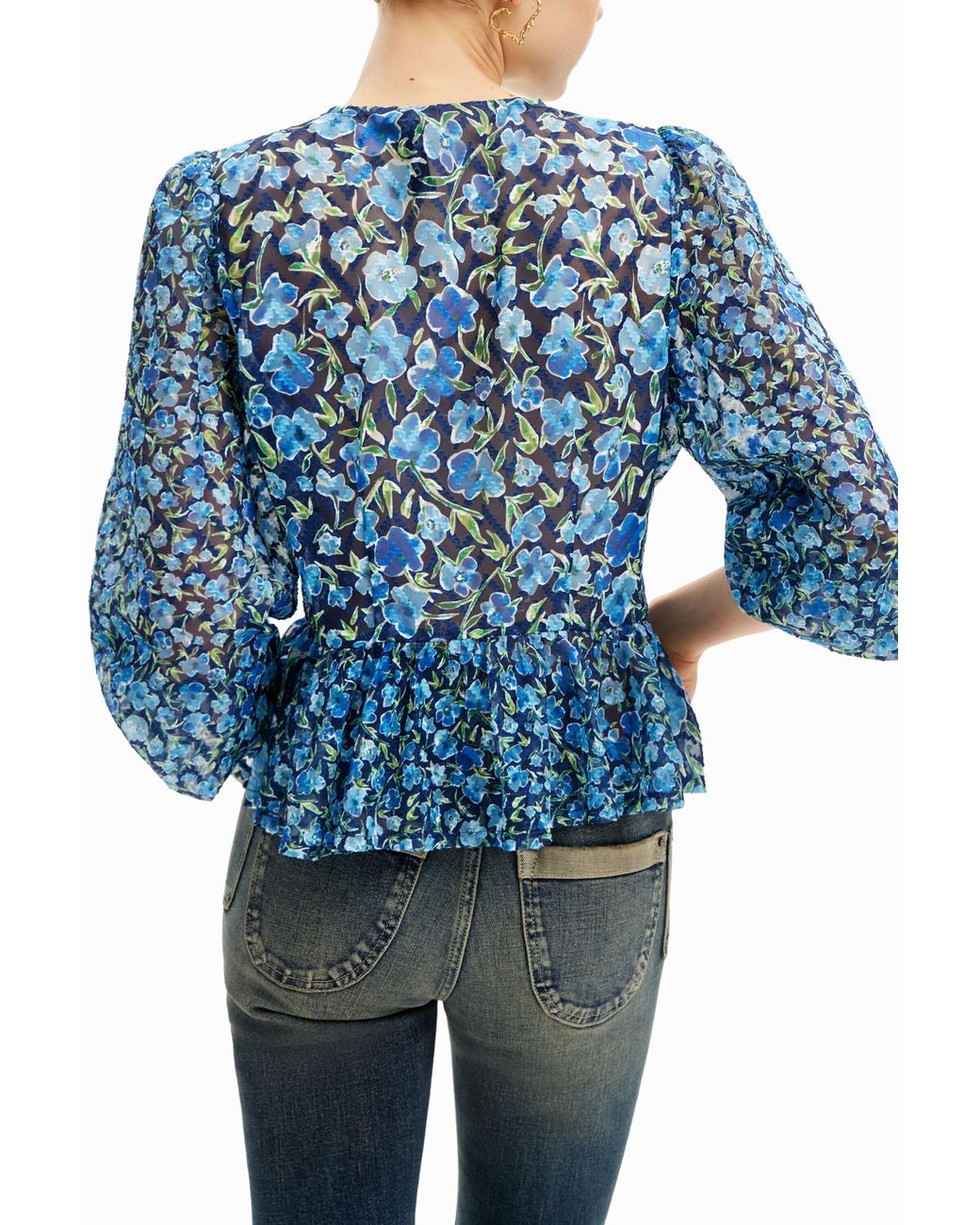Desigual Blue Floral Plumetis Blouse, Polyester