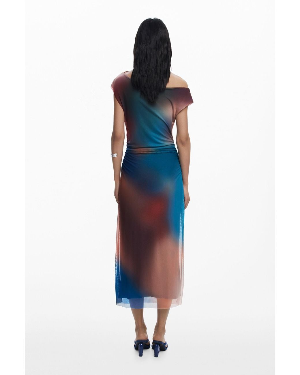 Desigual Blue Draped Dress With Irregular Neckline, Polyester
