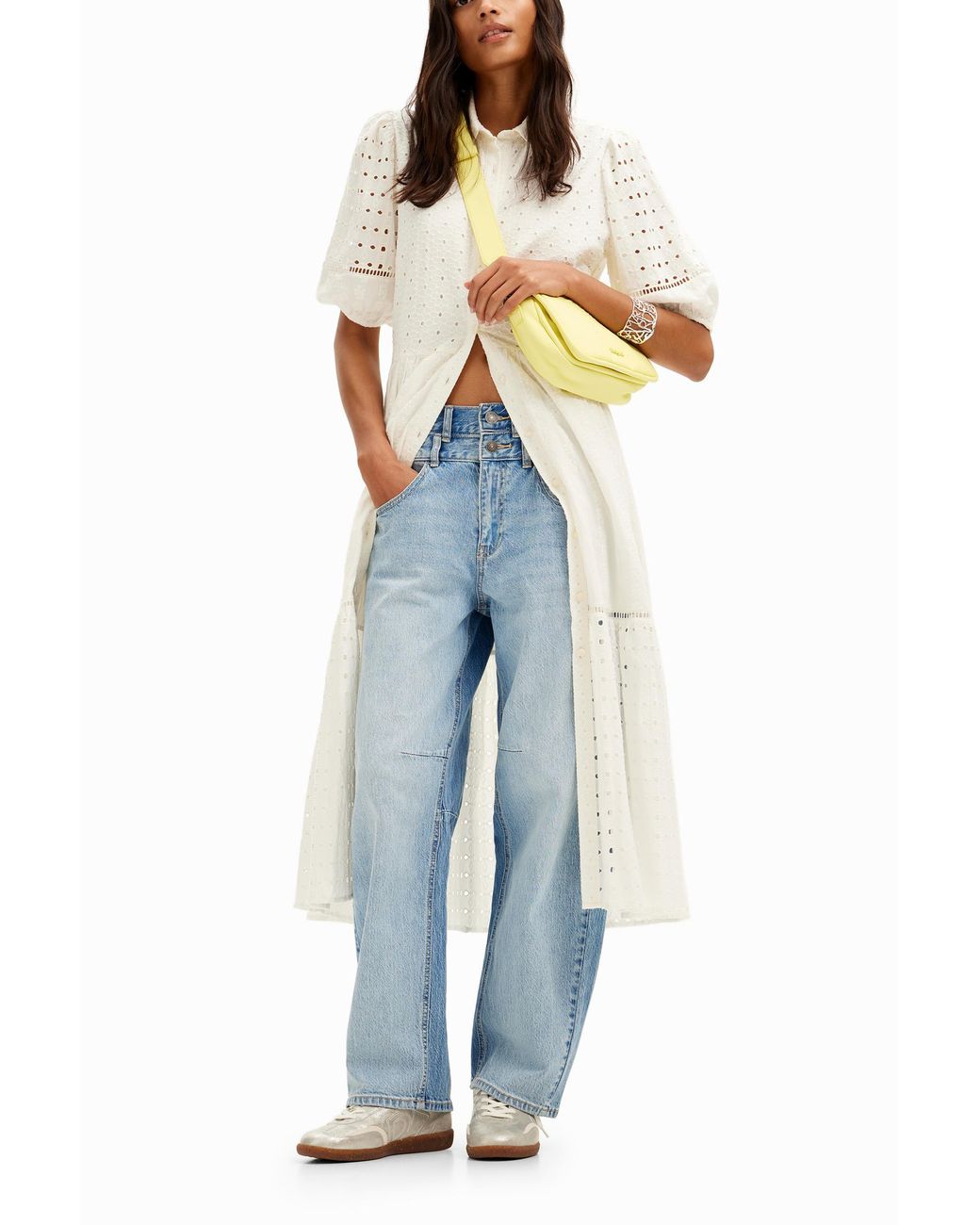 Desigual White Embroidered Midi Shirt Dress, Cotton