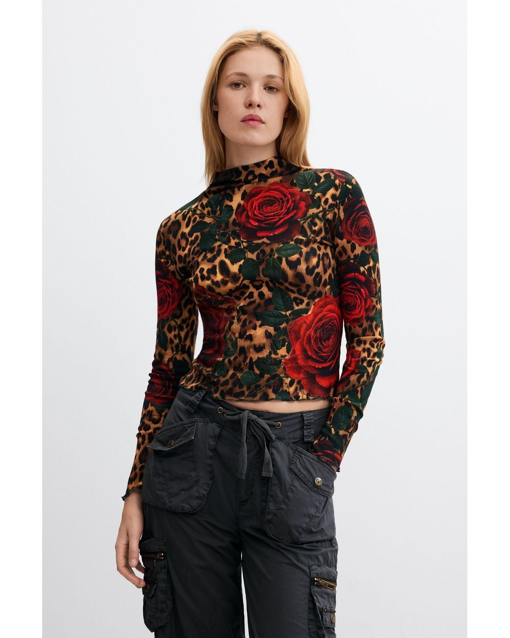 Desigual Black Ribbed T-Shirt Animal Print, Cotton