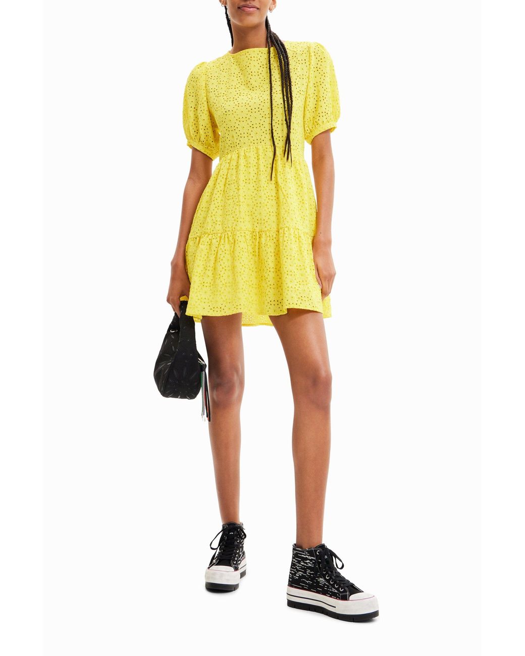 Desigual Yellow Short Swiss Embroidery Dress, Cotton