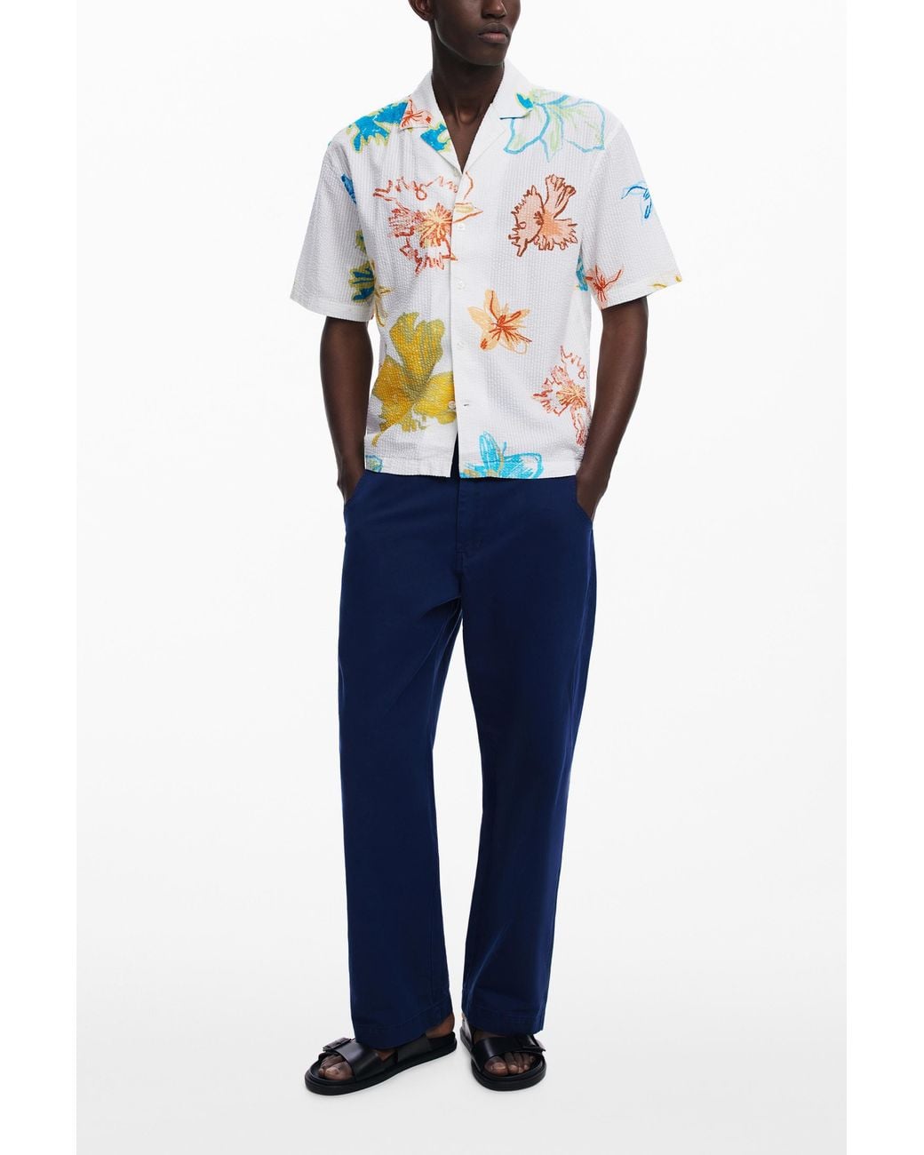 Desigual Blue Short-Sleeved Shirt With Leaves, Cotton for men