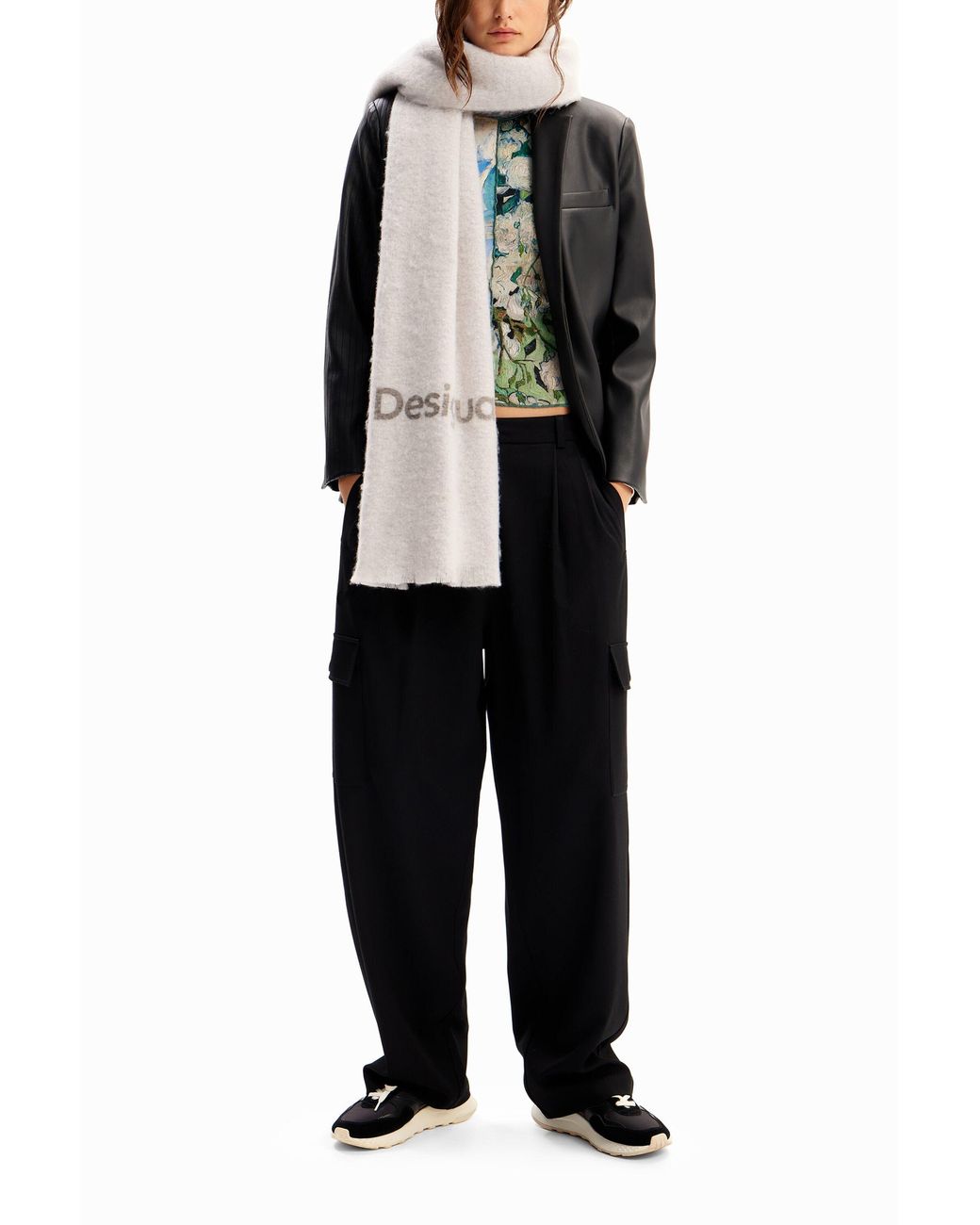 Desigual White Long Logo Scarf, Polyester