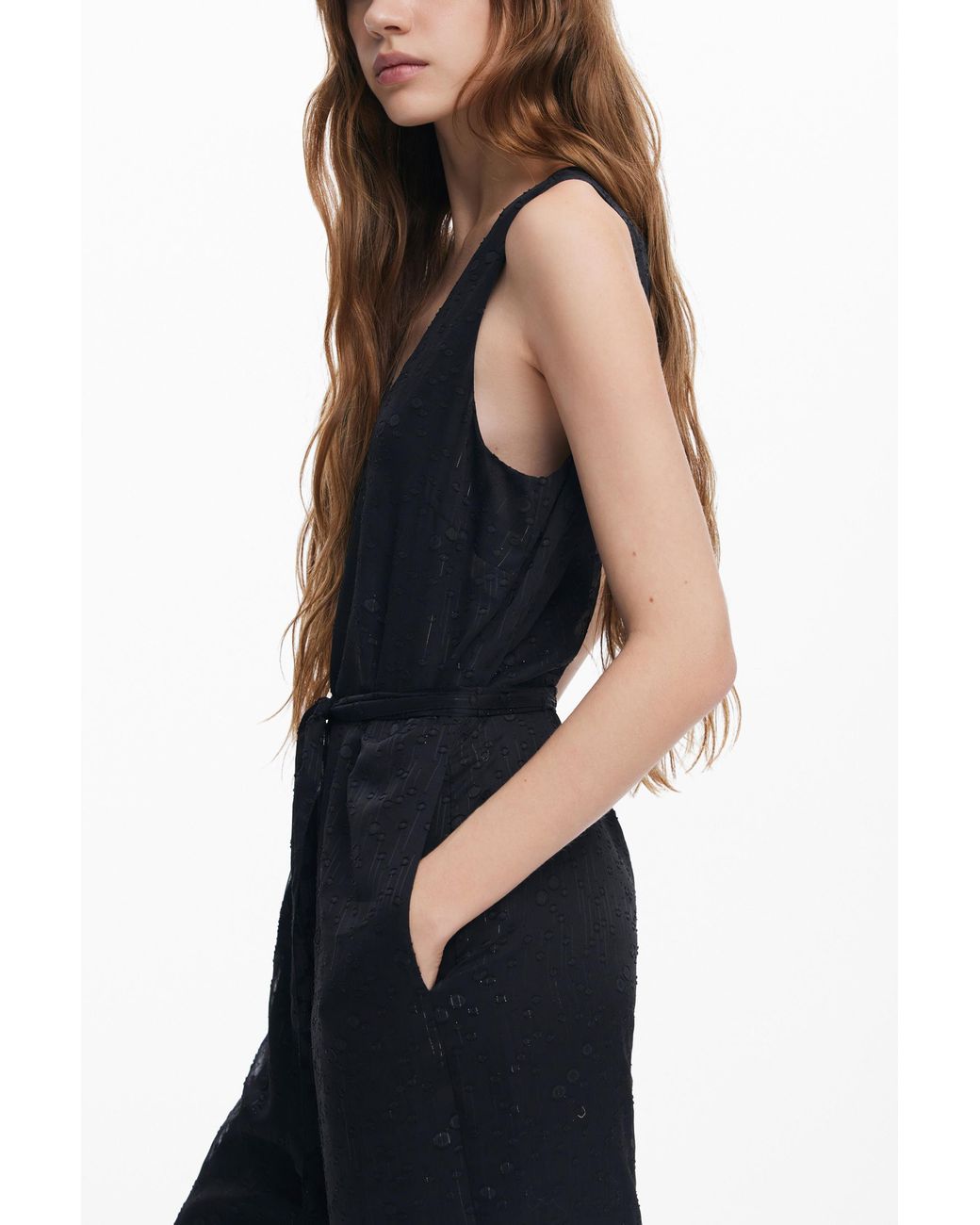 Desigual Black Shiny Jumpsuit With Belt, Polyester