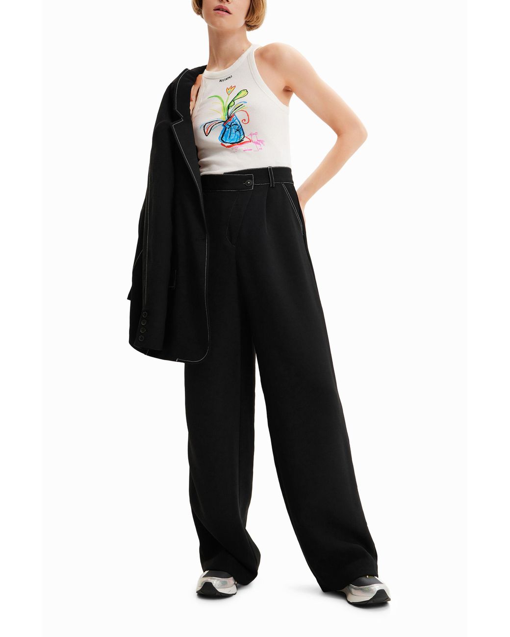 Desigual Black Twisted Trousers With Pleats, Polyester