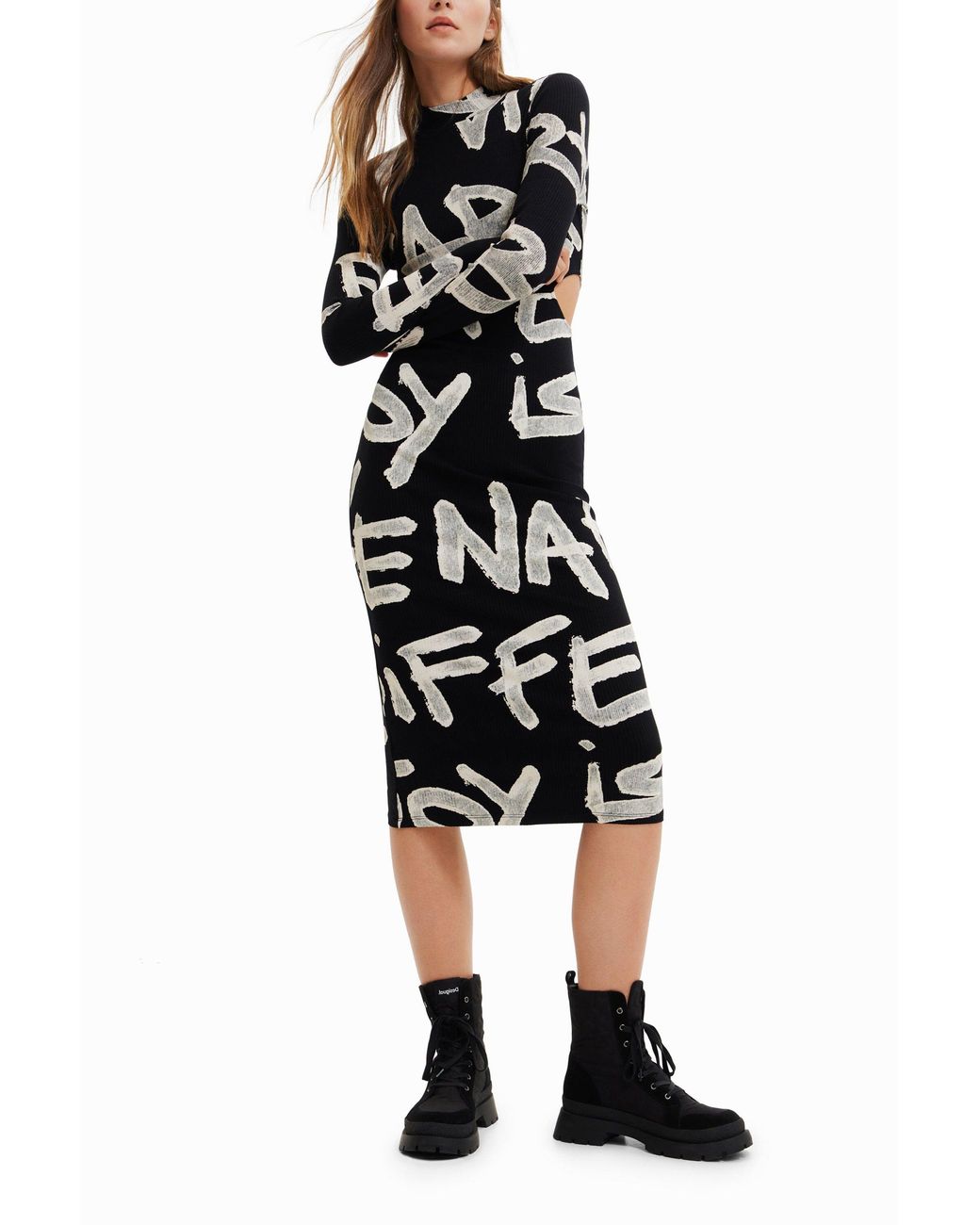 Desigual Black Manifesto Midi Dress, Viscose
