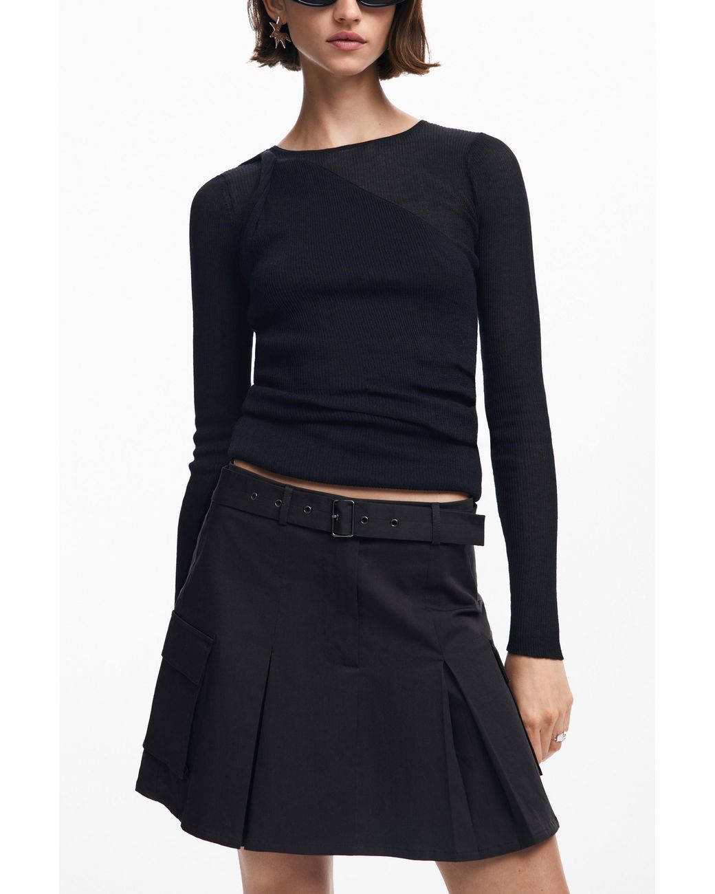 Desigual Black Pleated Skirt With Belt, Cotton