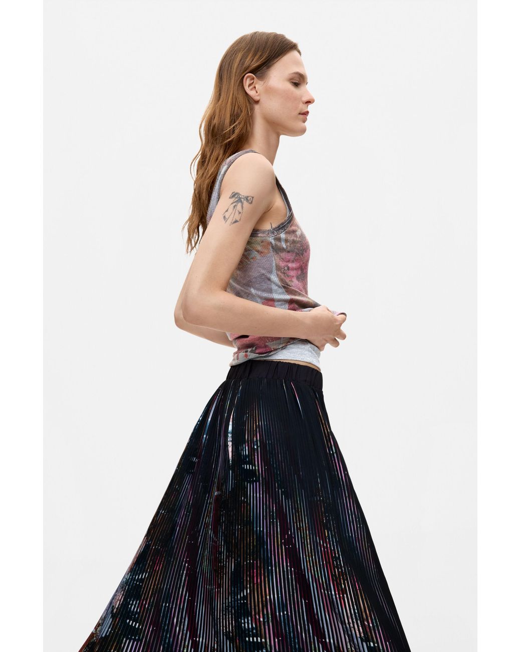 Desigual White Floral Midi Pleated Skirt, Polyester
