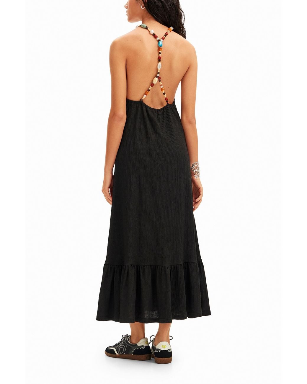 Desigual Black Beaded Strappy Midi Dress, Polyester