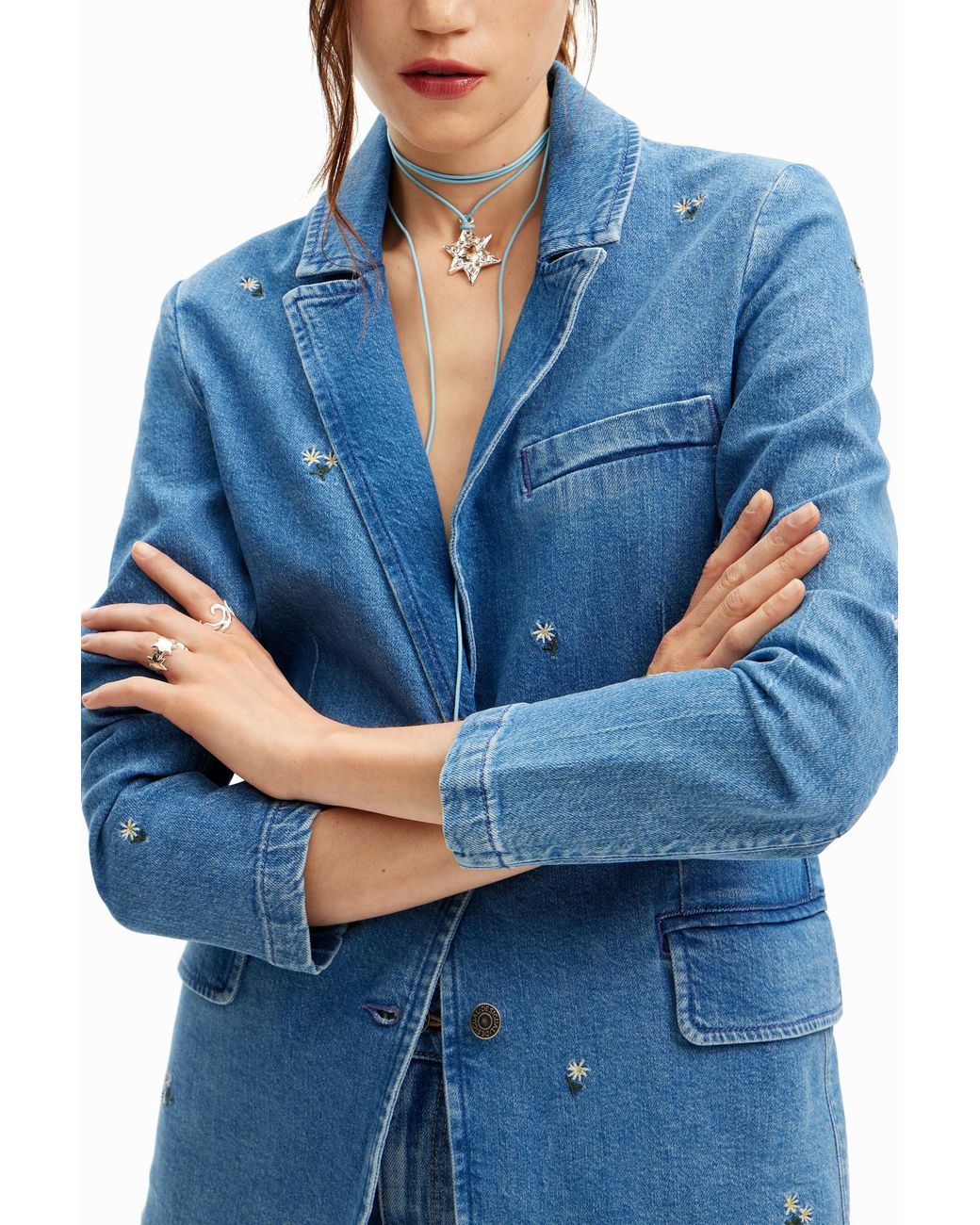 Desigual Blue Denim Blazer With Small Flowers, Cotton