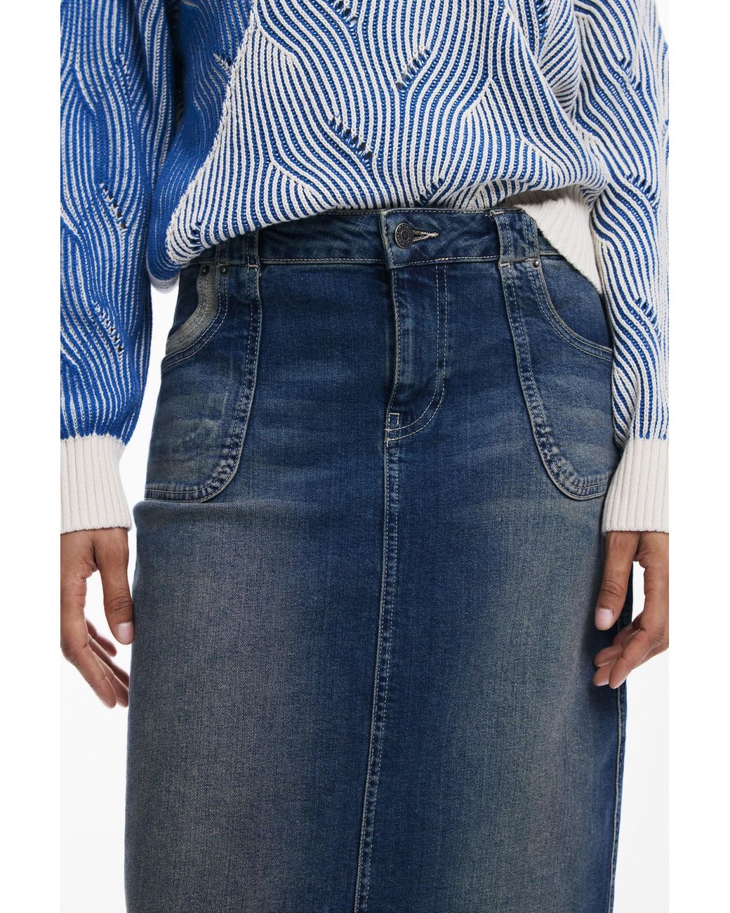 Desigual Blue Denim Midi Skirt, Cotton
