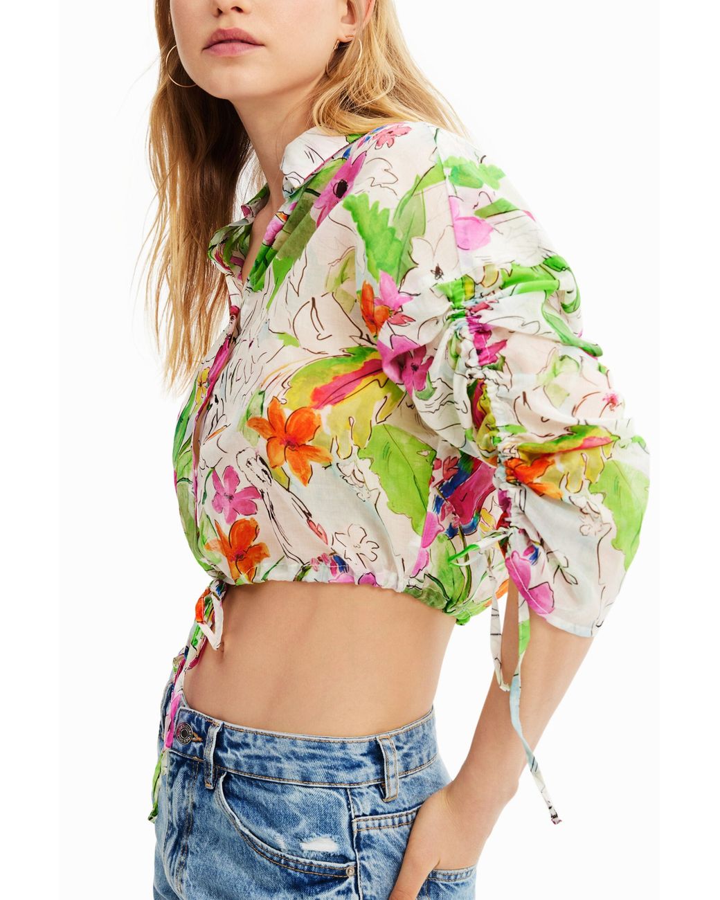Desigual White Short Gathered Shirt, Cotton