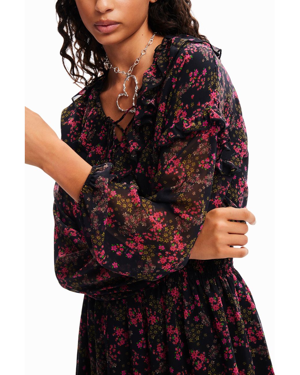 Desigual Purple Short Floral Chiffon Dress, Polyester