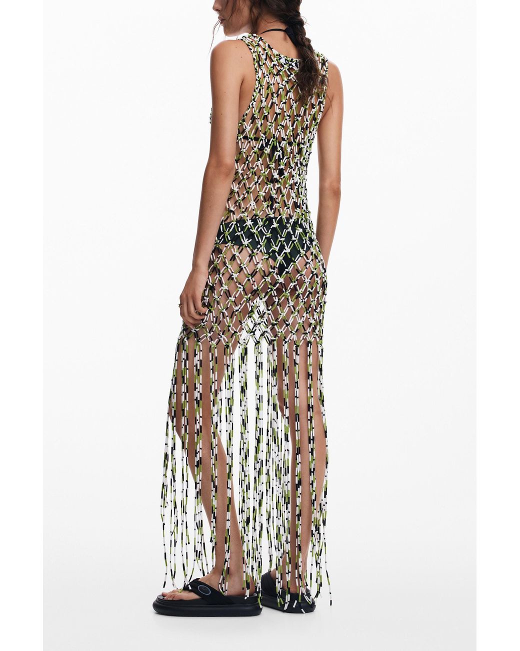 Desigual White Mesh Dress With Net Effect, Cotton