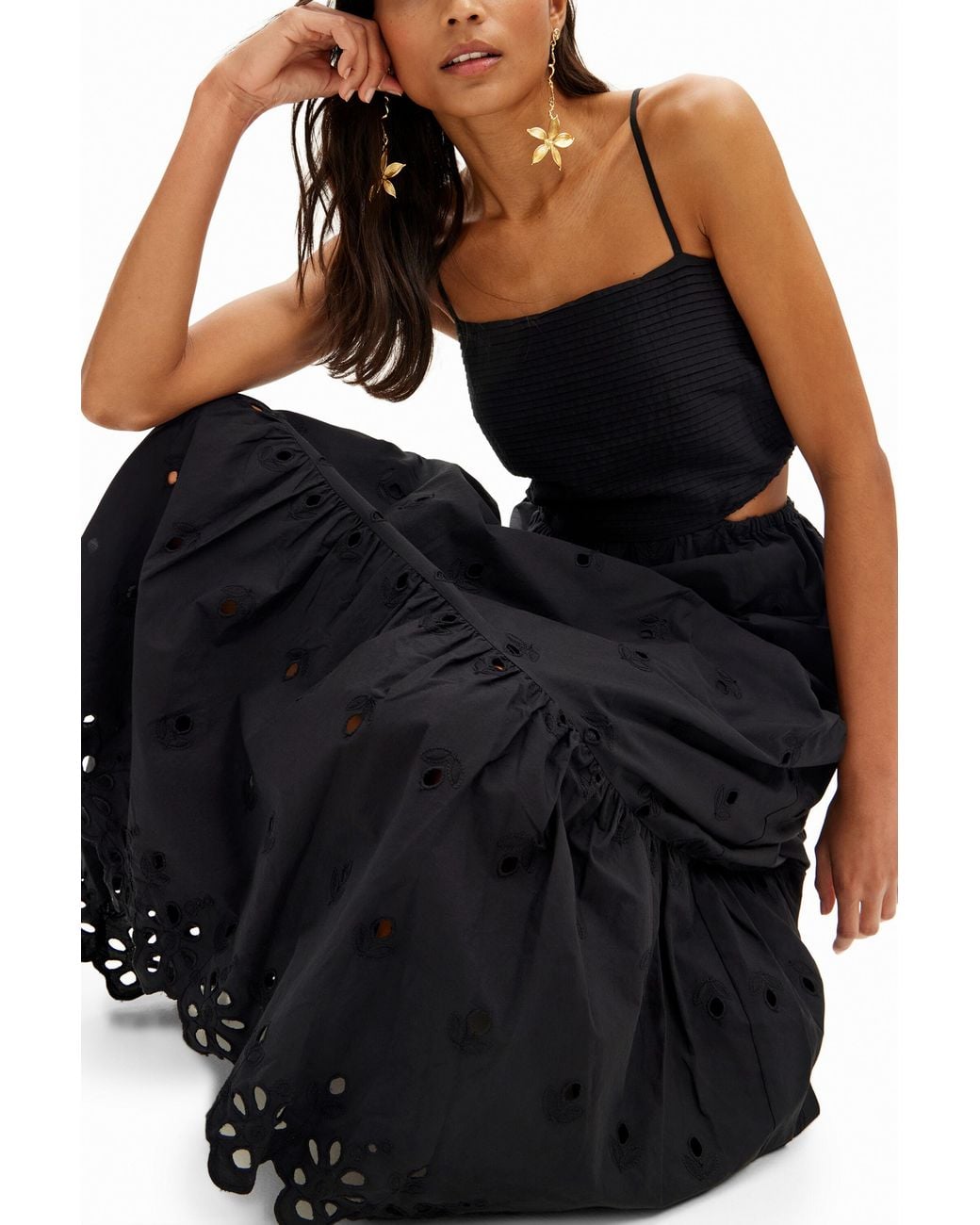 Desigual Black Long Embroidered Cut-Out Dress, Cotton