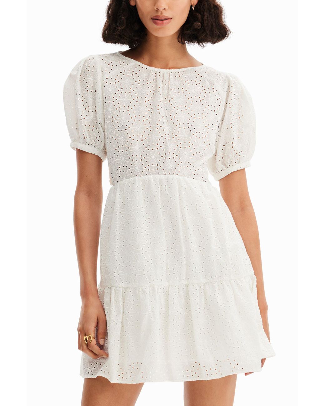 Desigual White Short Swiss Embroidery Dress, Cotton