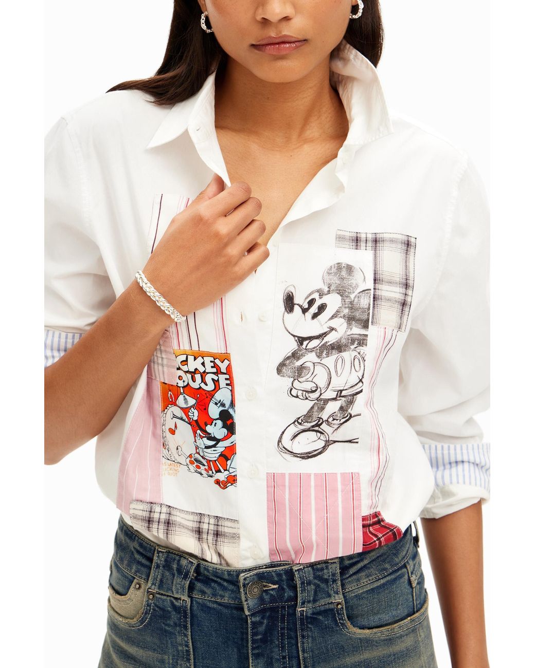 Desigual White Patchwork Mickey Mouse Shirt, Cotton