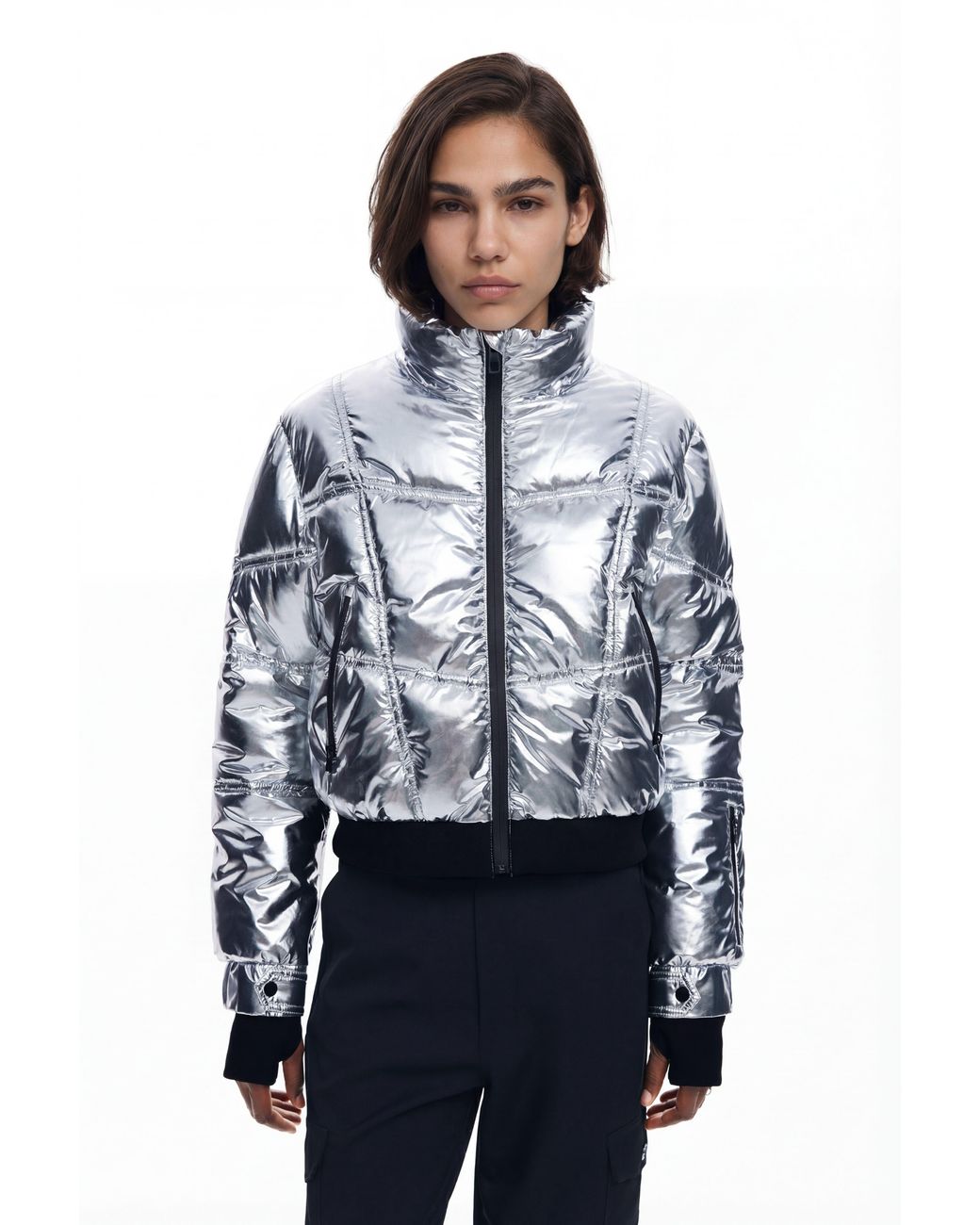 Desigual Blue Metallic Coat With Hood, Polyester
