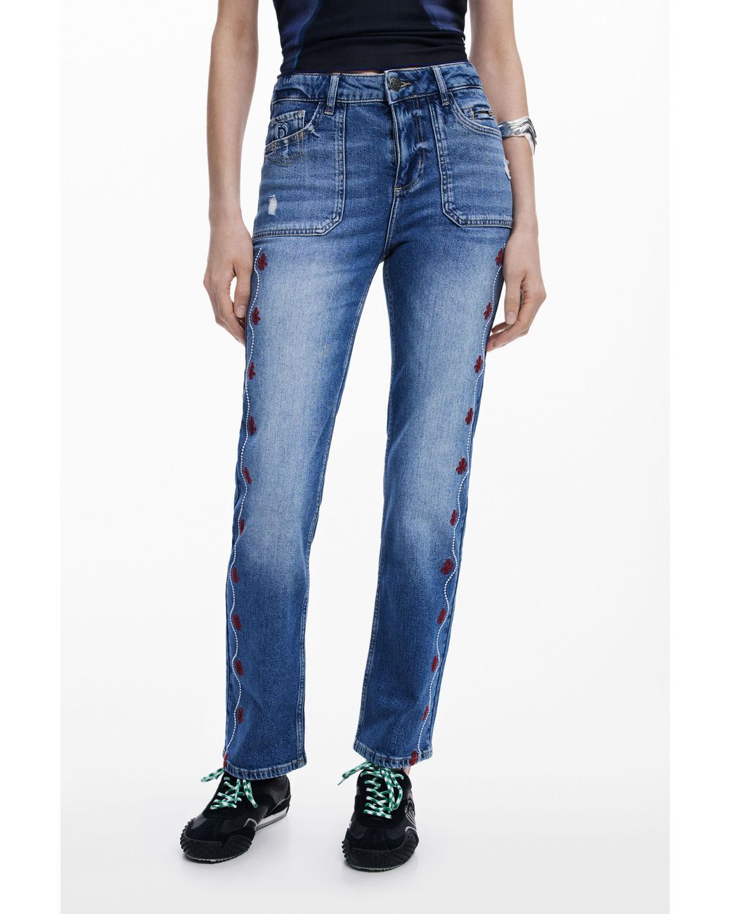 Desigual Blue Straight Jeans With Border, Cotton