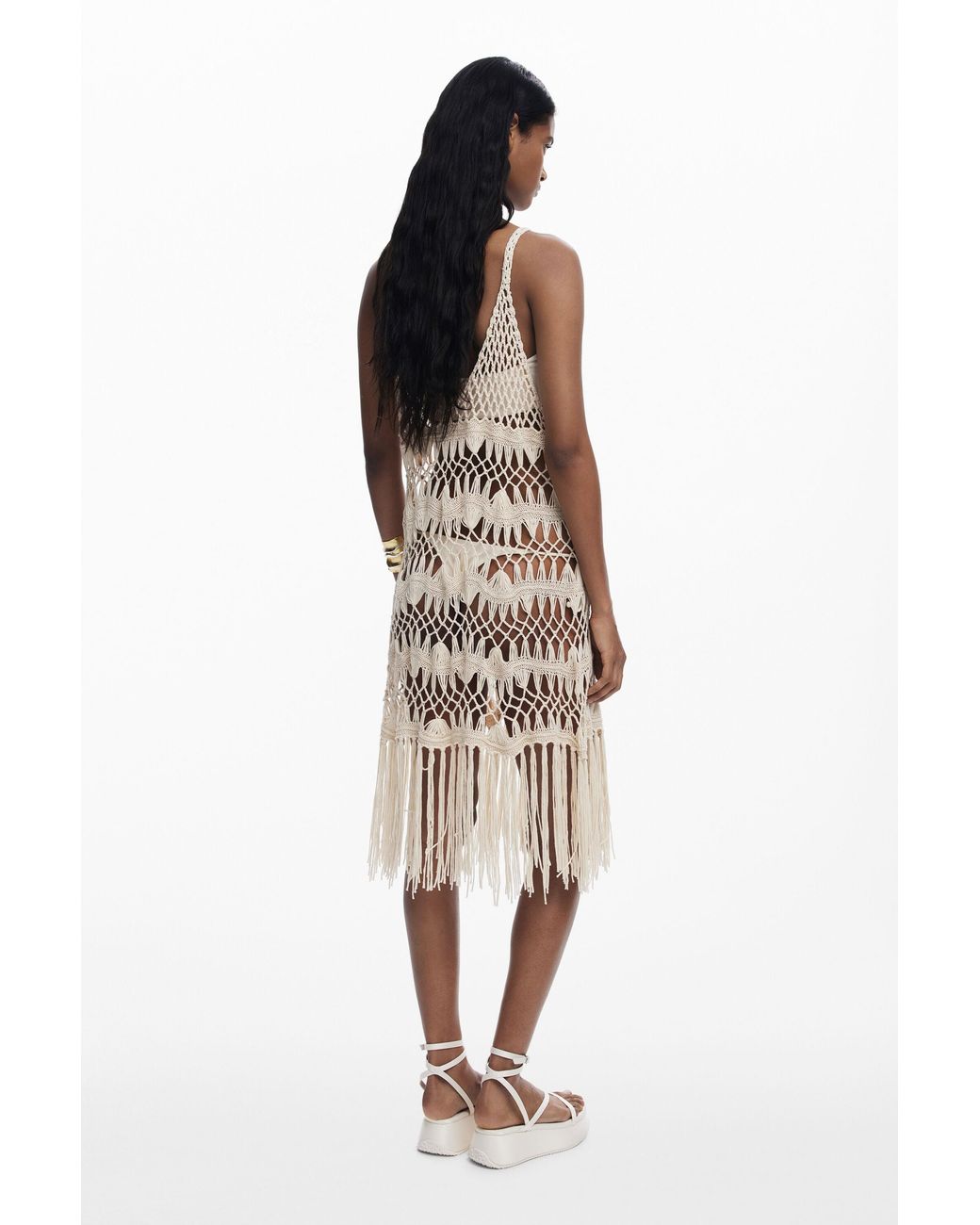 Desigual White Crochet Wrap Dress, Acrylic