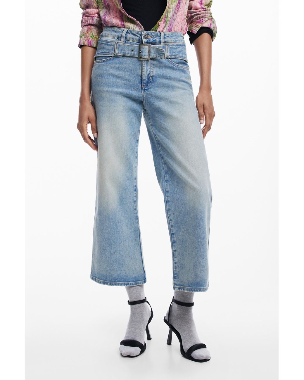 Desigual Blue Culotte Jeans With Belt, Cotton