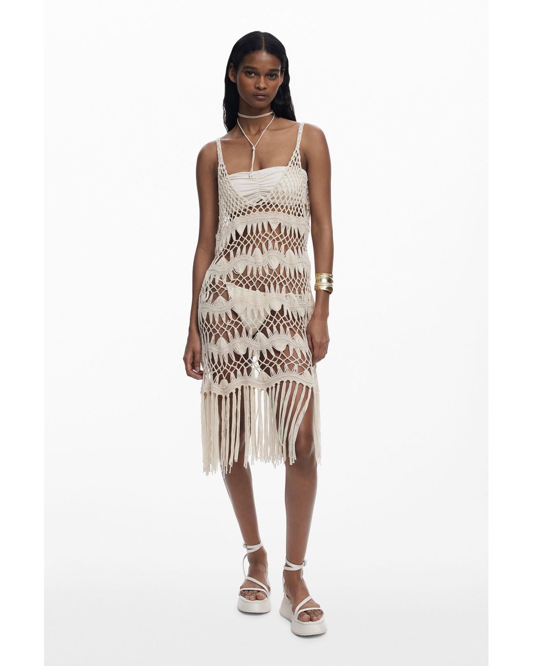 Desigual White Crochet Wrap Dress, Acrylic