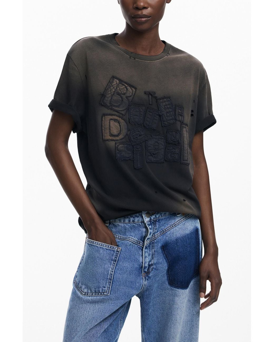 Desigual Black Sun-Faded Botter Short-Sleeve T-Shirt, Cotton