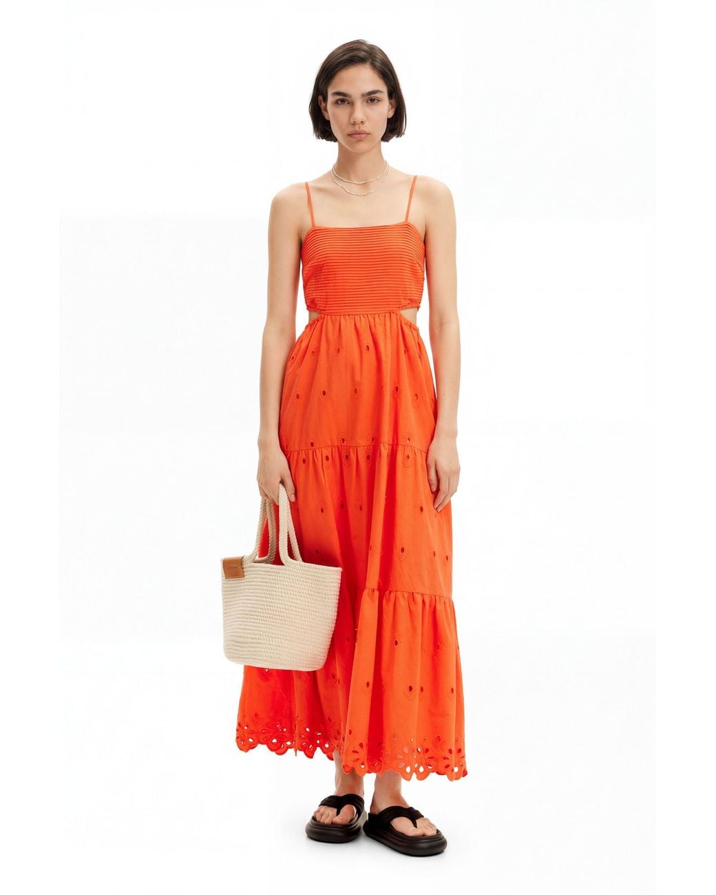 Desigual Orange Long Embroidered Cut-Out Dress, Cotton