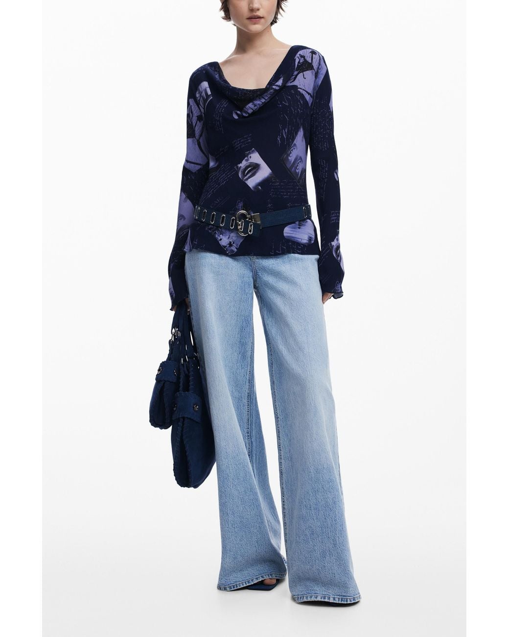 Desigual Blue Asymmetric Collage Blouse, Viscose