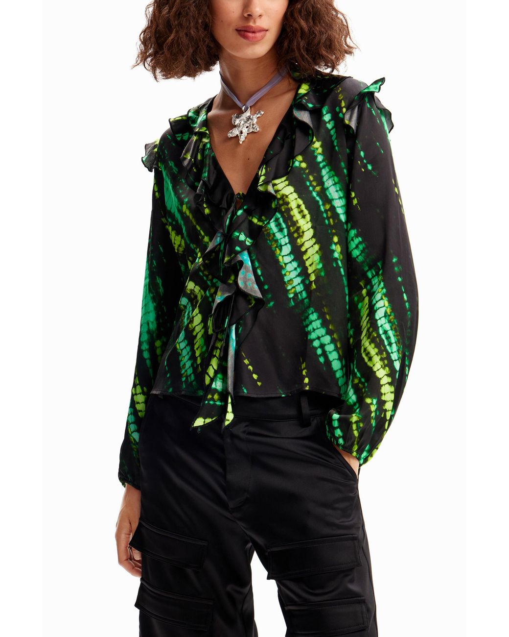 Desigual Green Tie-Dye Ruffle Blouse, Viscose