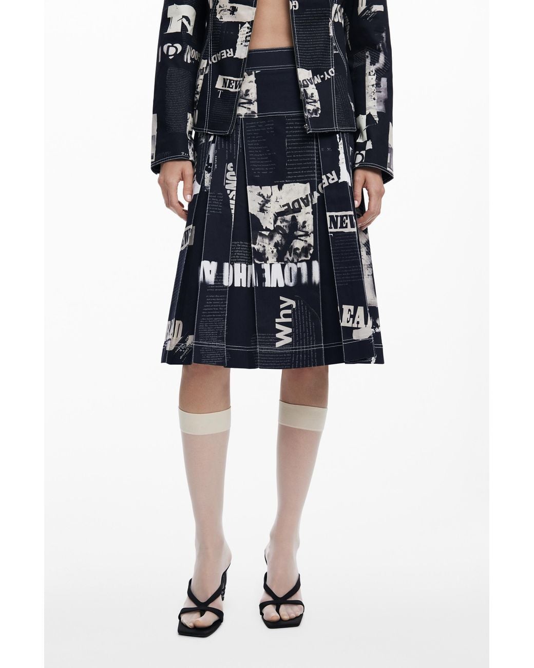 Desigual Blue Midi Skirt With Newspaper Pleats, Cotton