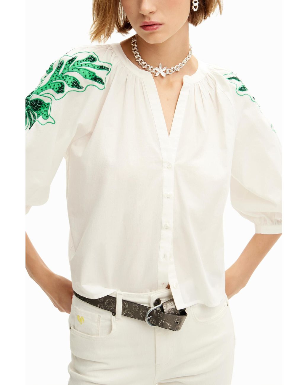 Desigual White V-Neck Embroidered Blouse, Cotton