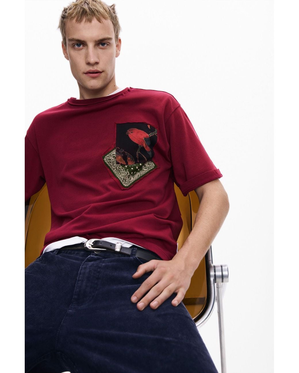 Desigual Red T-Shirt With Bird Patches, Cotton for men