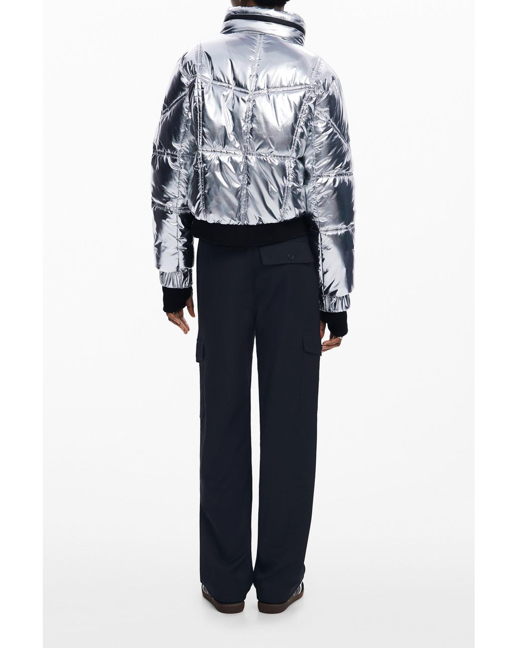Desigual Blue Metallic Coat With Hood, Polyester