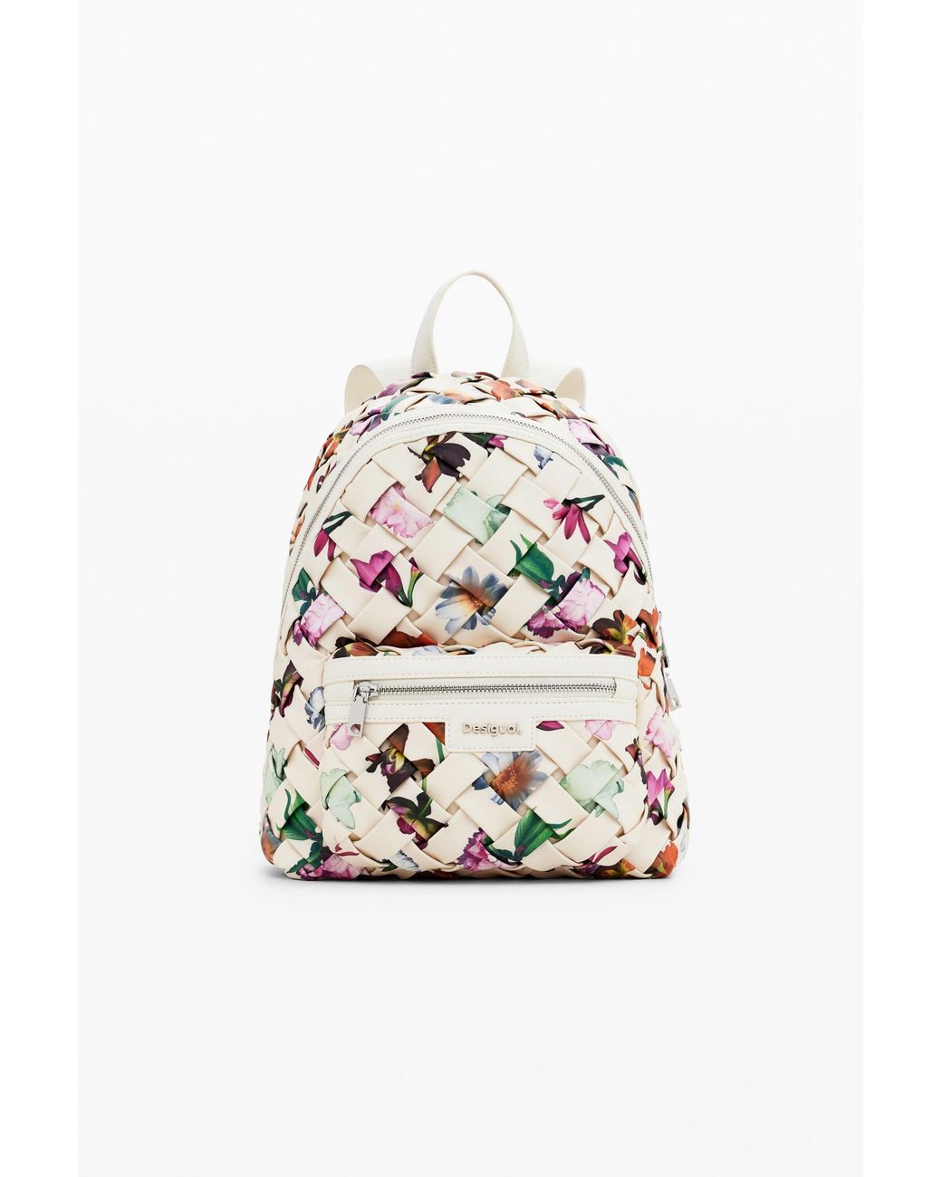 Desigual White Small Floral Backpack, Polyurethane