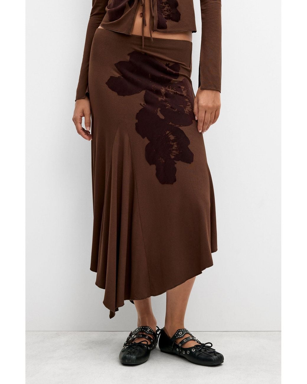 Desigual Brown Flocked Midi Skirt, Viscose