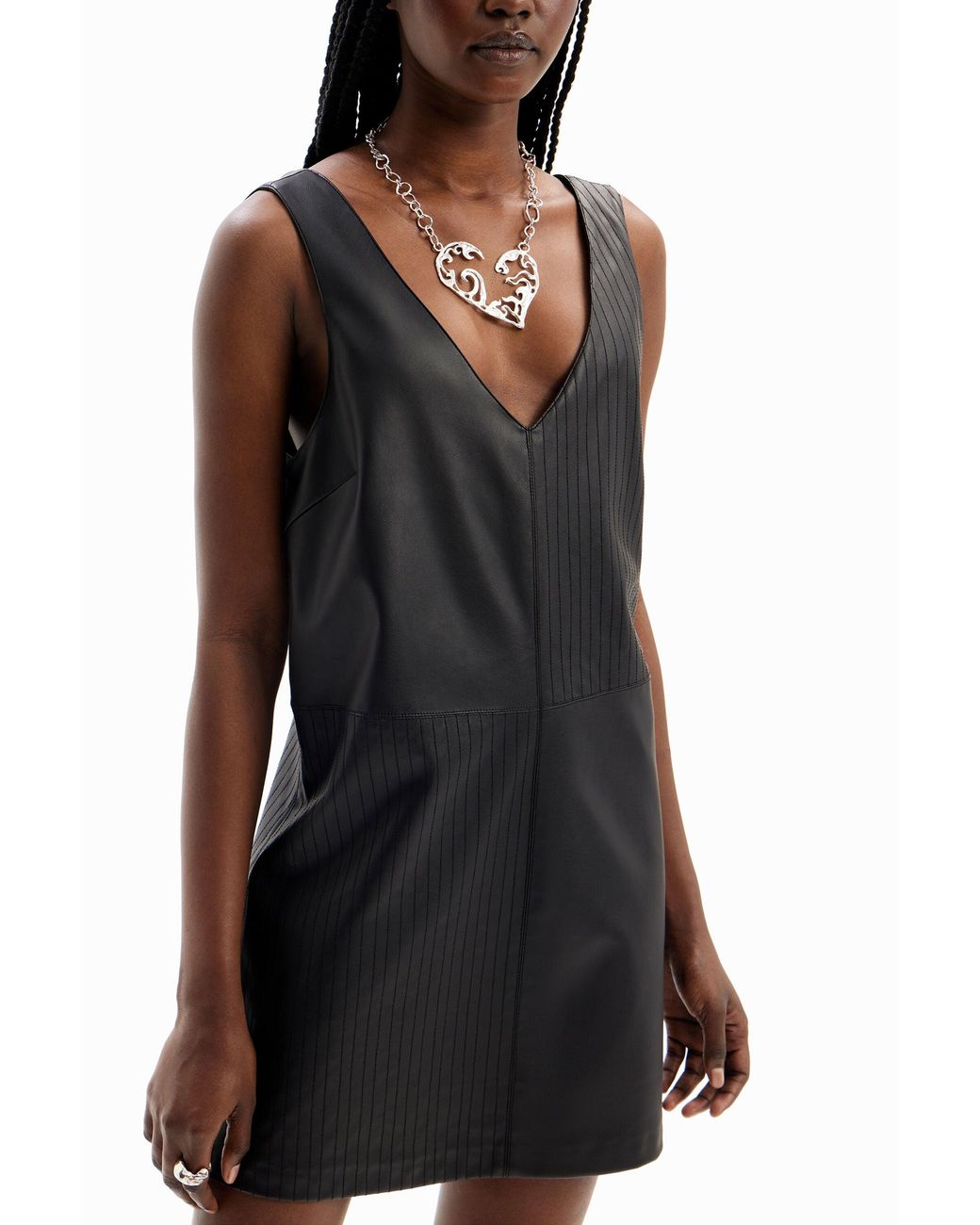 Desigual Black Leather-Effect Pinafore Dress, Polyurethane