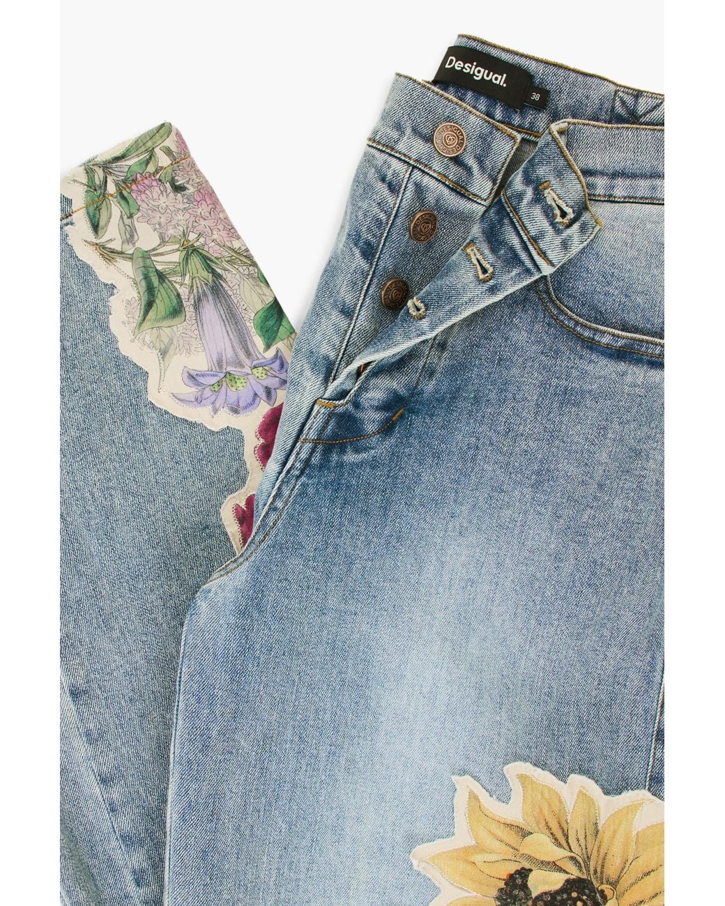 Desigual Blue Regular Floral Jeans, Cotton