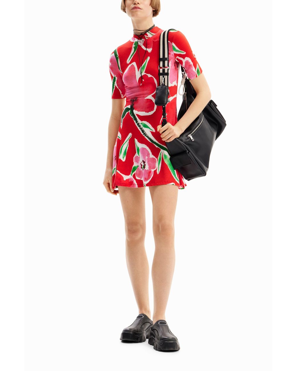Desigual Red Short Floral Skater Dress, Viscose