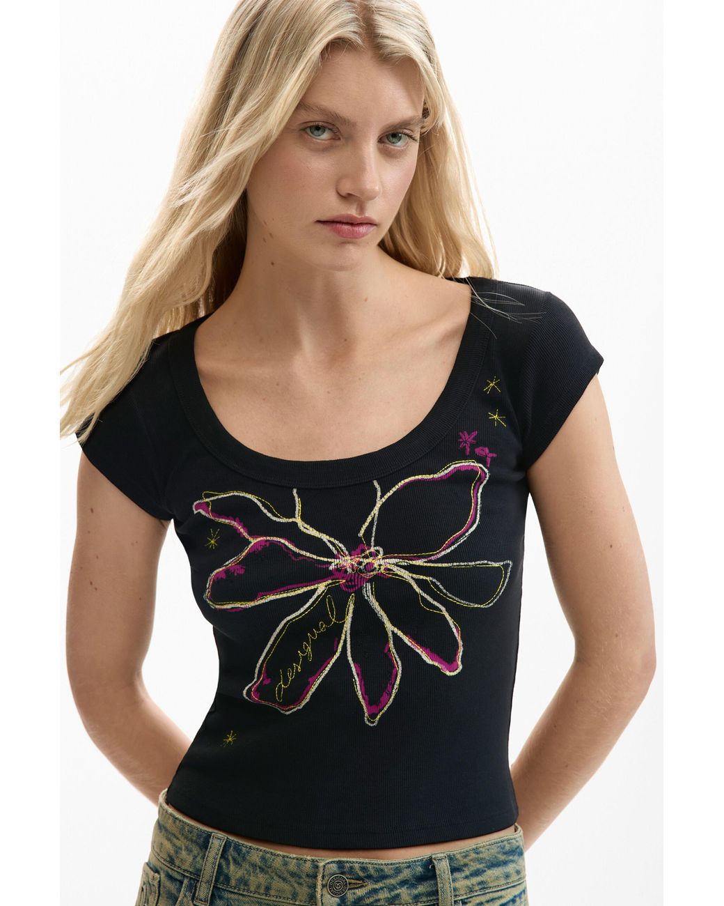 Desigual Black Fitted Flower T-Shirt, Cotton